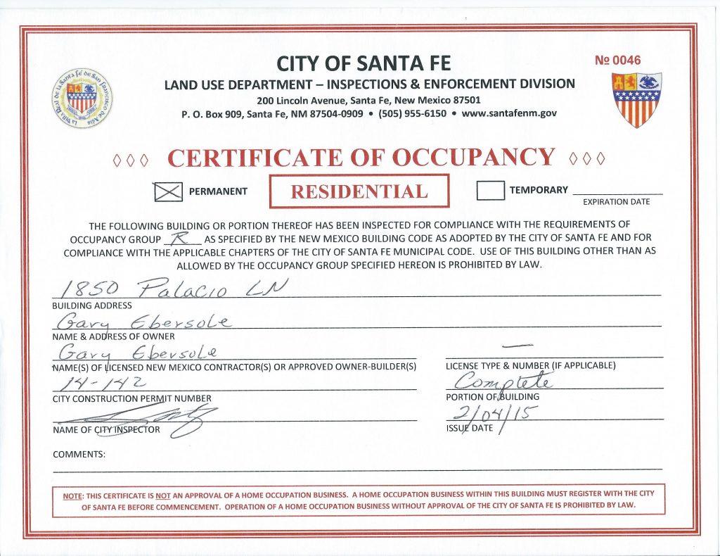 Sample Occupancy Certificate