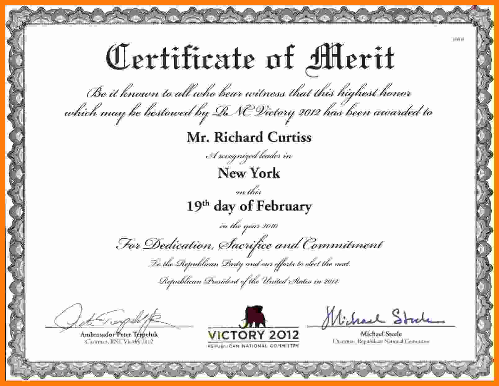 Certificate Of Merit Template Certificate Of