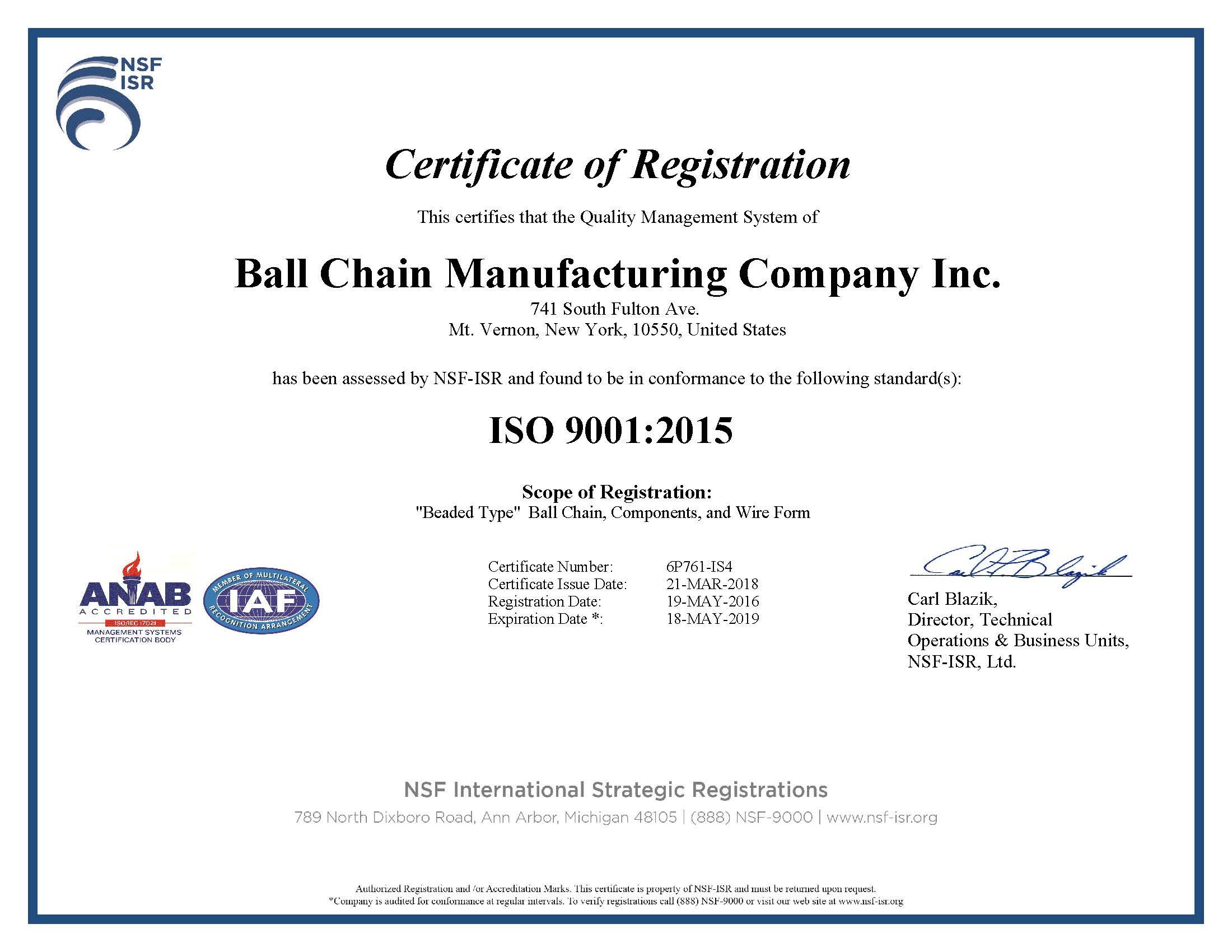Certificate of Manufacturing