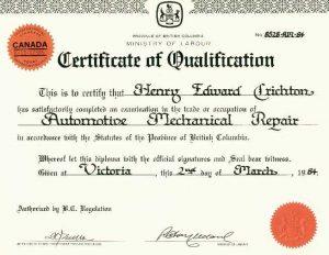 Certificate of Qualification from a Canadian Province