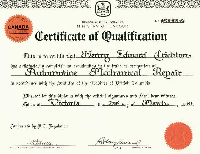 Certificate Of Qualification Ontario Certificate Of